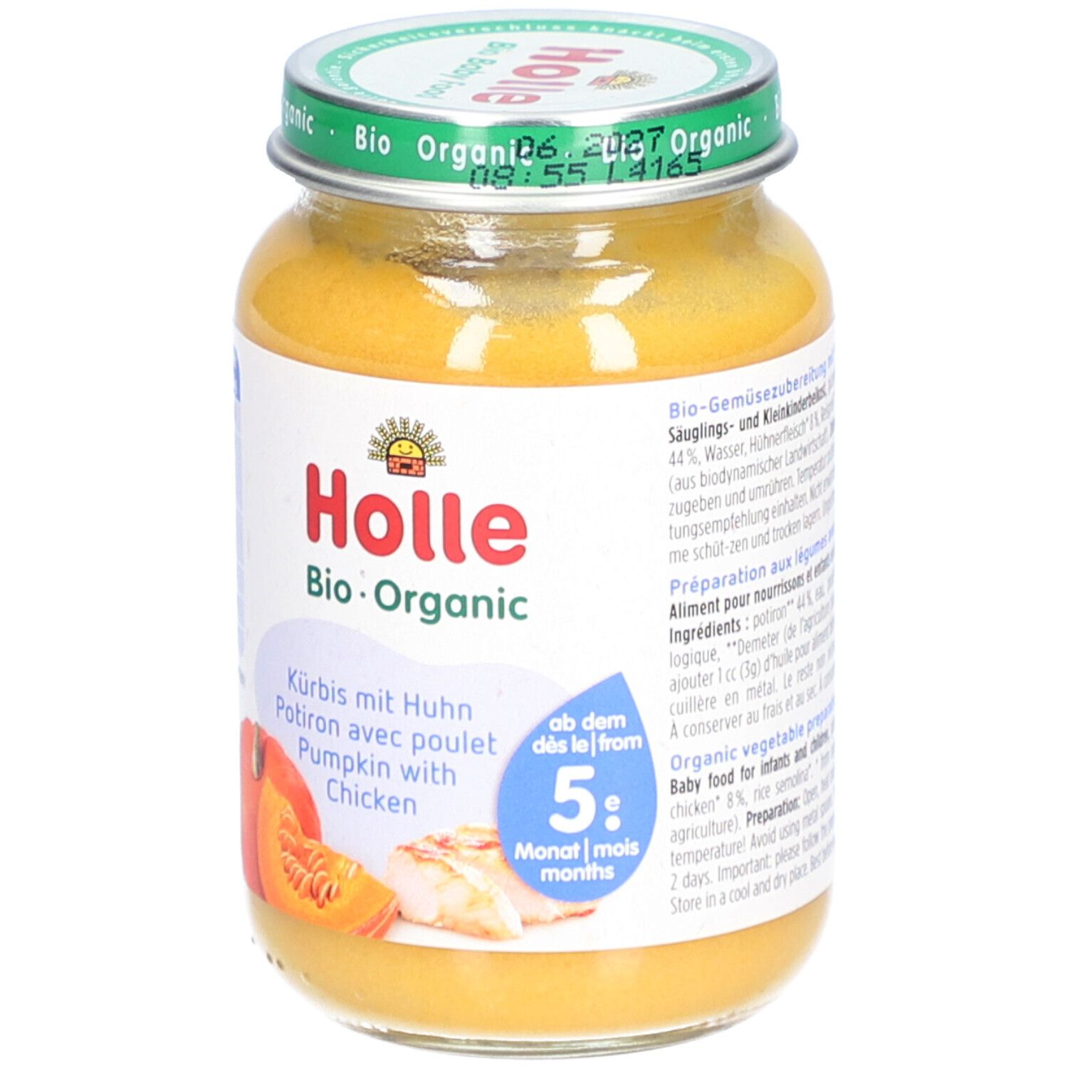 Glas mit Baby-Nahrung. Aufschrift: Holle Bio-Organic. Kürbis mit Huhn. Ab 5 Monaten.
