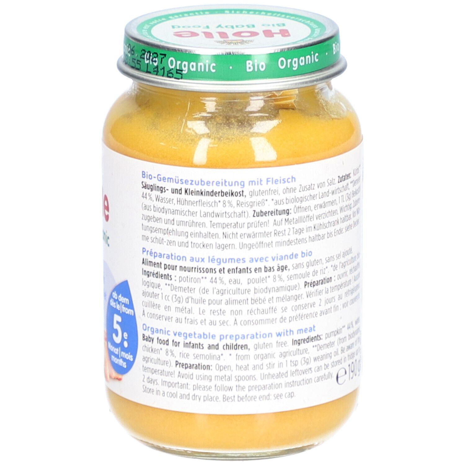 Rückseite des Glases mit Baby-Nahrung. Zutatenliste und Zubereitungshinweise. Holle Bio-Organic. 190g.
