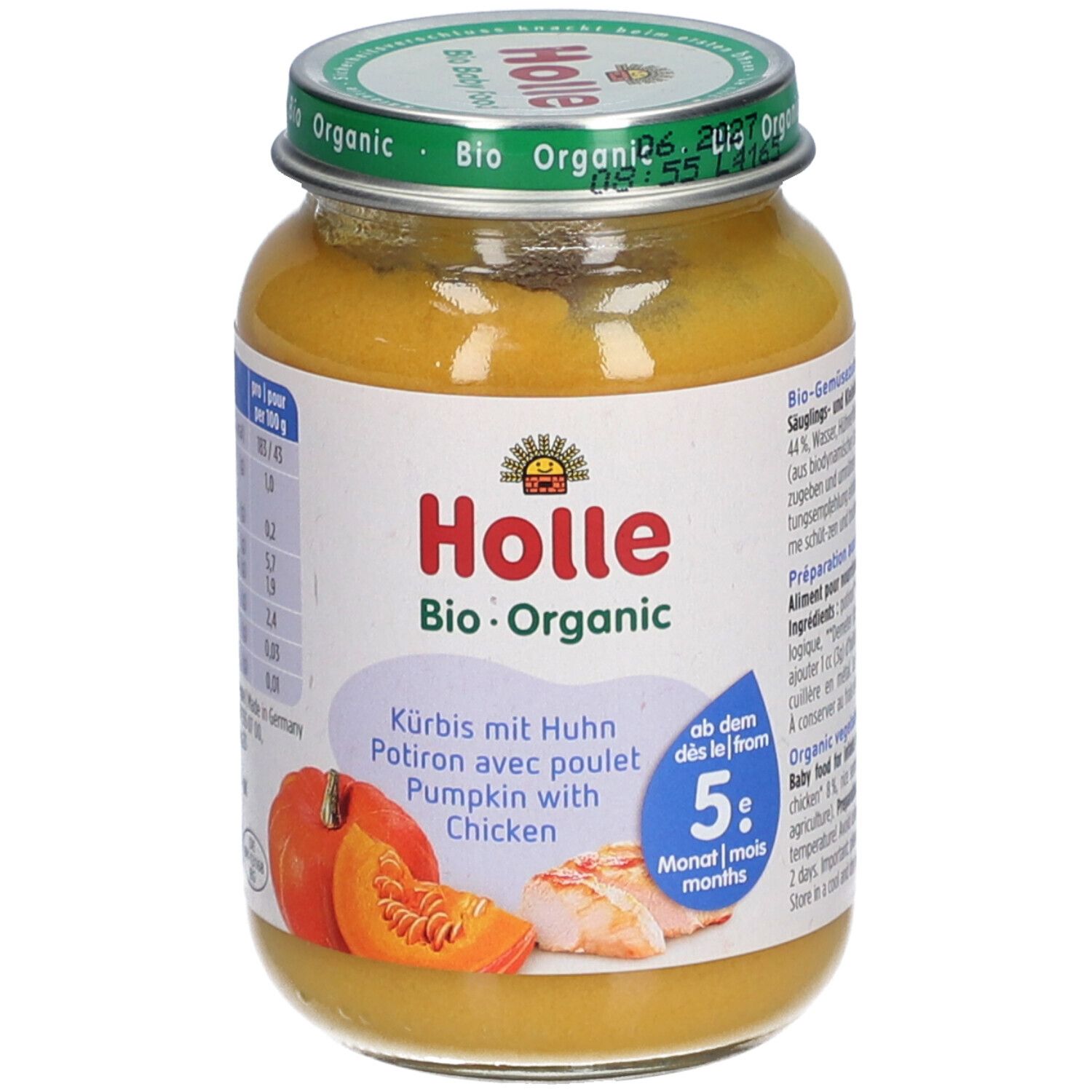 Glas mit Baby-Nahrung. Aufschrift: Holle Bio-Organic. Kürbis mit Huhn. Ab 5 Monaten.