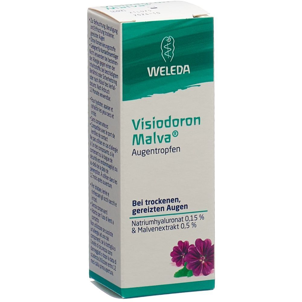 Weleda VISIODORON® Malva Augentropfen. Karton mit Produktinformationen und Produktname. Grün-weißes Design.