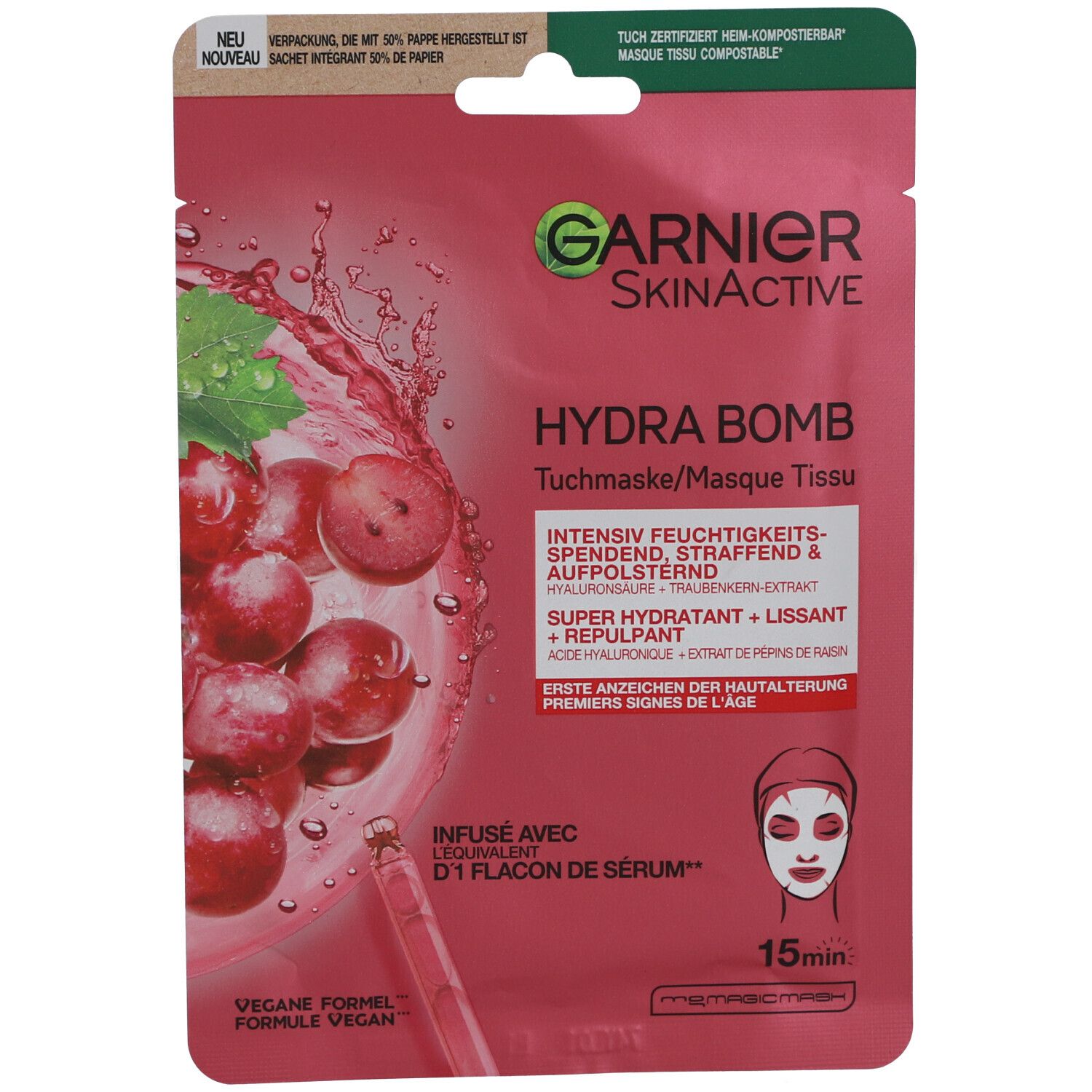 Rosa Verpackung mit Produktabbildung und Schriftzug Garnier SkinActive Hydra Bomb. Trauben- und Serum-Illustration.