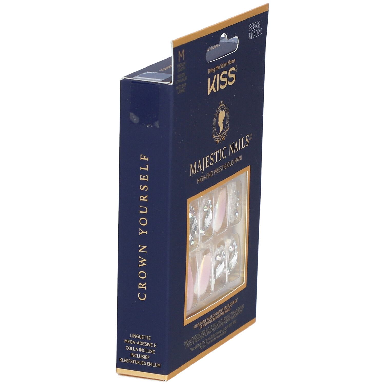 KISS Majestic Nails Kit. Blaue Verpackung, Seitenansicht. Nägel in der Verpackung sichtbar. Marke und Produktname auf der Verpackung.
