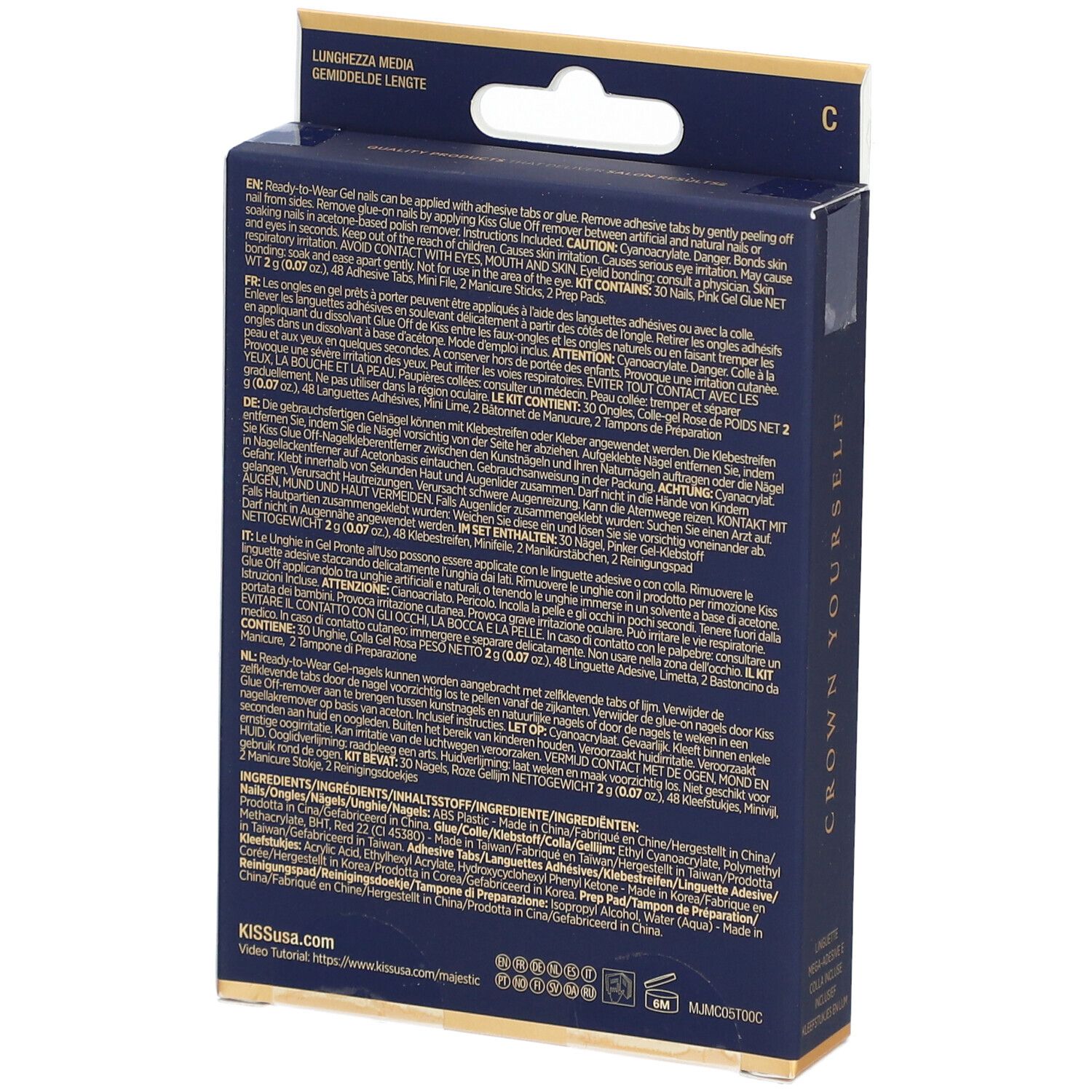 Rückseite der KISS Majestic Nails Verpackung. Text in mehreren Sprachen. Enthält Informationen zu Inhaltsstoffen und Anwendung.
