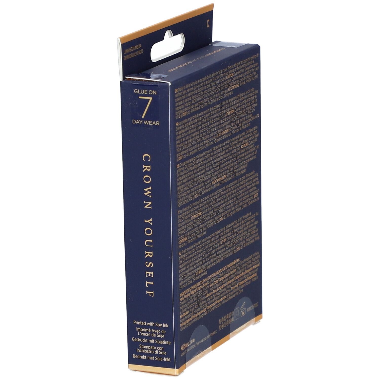 KISS Majestic Nails Verpackung, Seitenansicht. Text in mehreren Sprachen. Informationen zur Anwendung und Haltbarkeit.