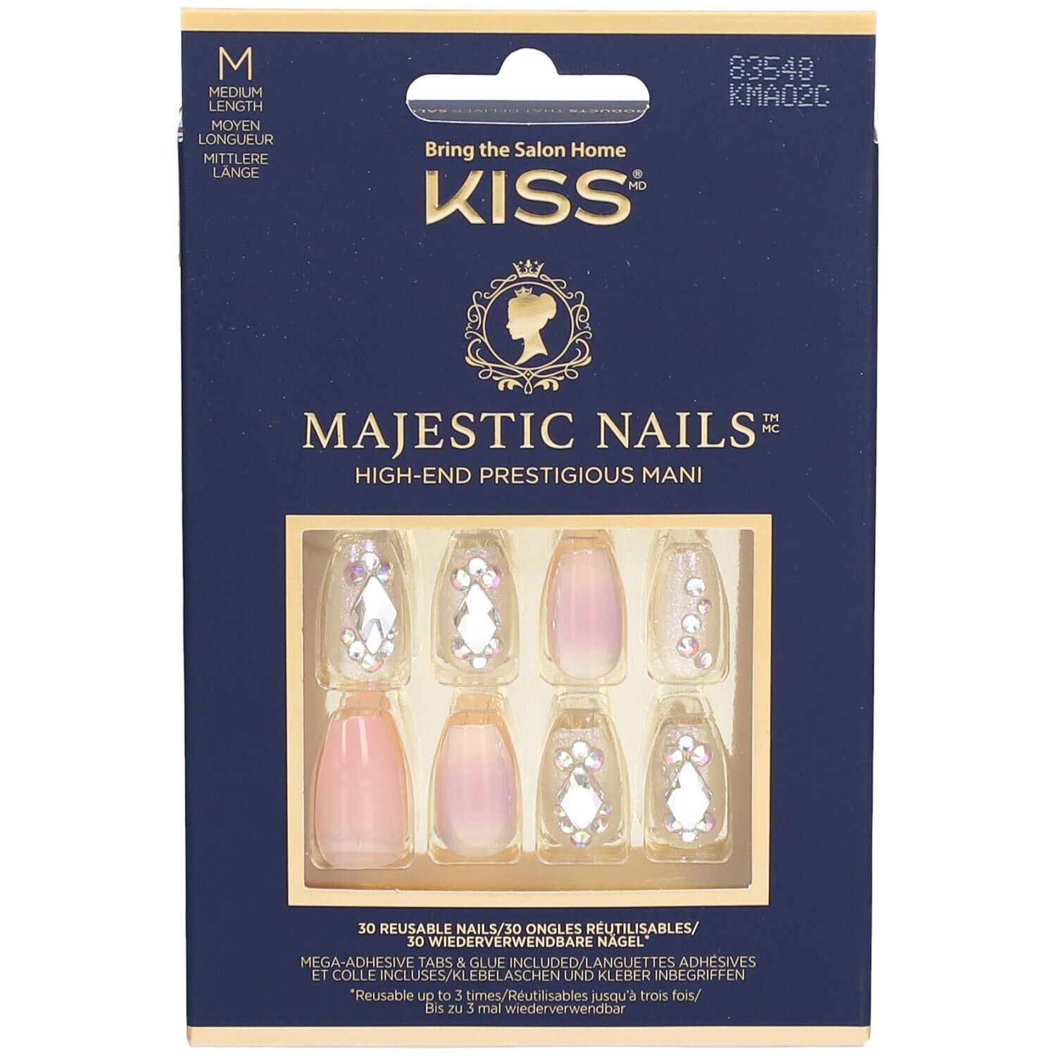KISS Majestic Nails Kit. Blaue Verpackung mit Nägeln. Klare und rosa Nägel mit Schmucksteinen. Marke und Produktname sichtbar.