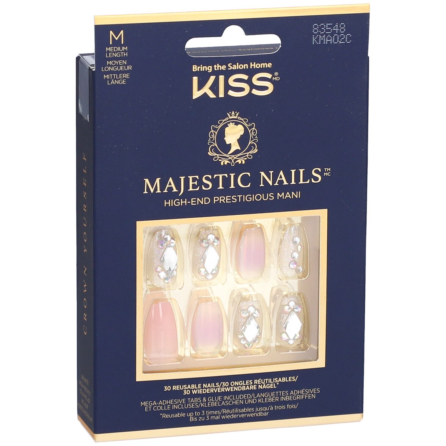 KISS Majestic Nails Kit. Blaue Verpackung mit Nägeln. Klare und rosa Nägel mit Schmucksteinen. Marke und Produktname sichtbar.