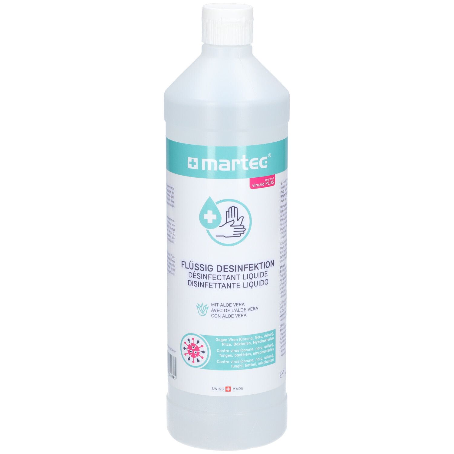 Transparente Flasche mit weißem Deckel. Aufschrift: martec, Flüssig Desinfektion, mit Aloe Vera. Schweizer Flagge.