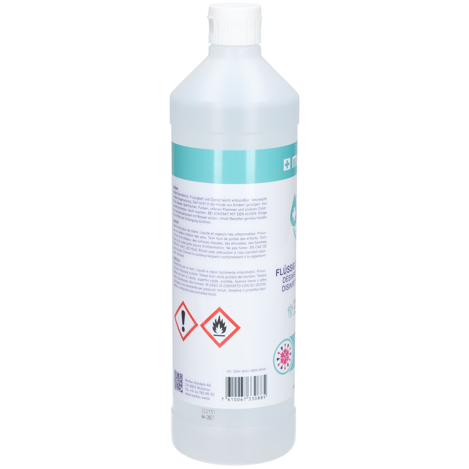 Rückseite einer transparenten Flasche. Warnhinweise und Text. Gefahrensymbole. Barcode. Schweizer Flagge.