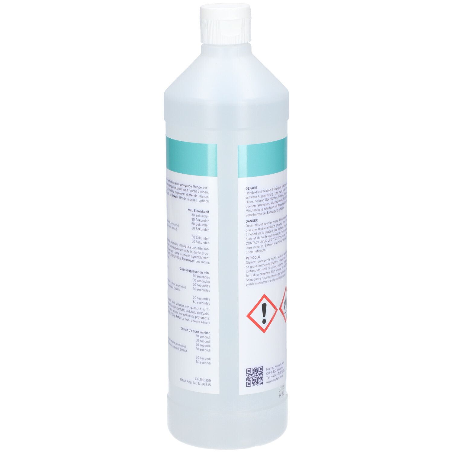 Rückseite einer transparenten Flasche. Text und Warnhinweise. Gefahrensymbol. QR-Code. Schweizer Flagge.