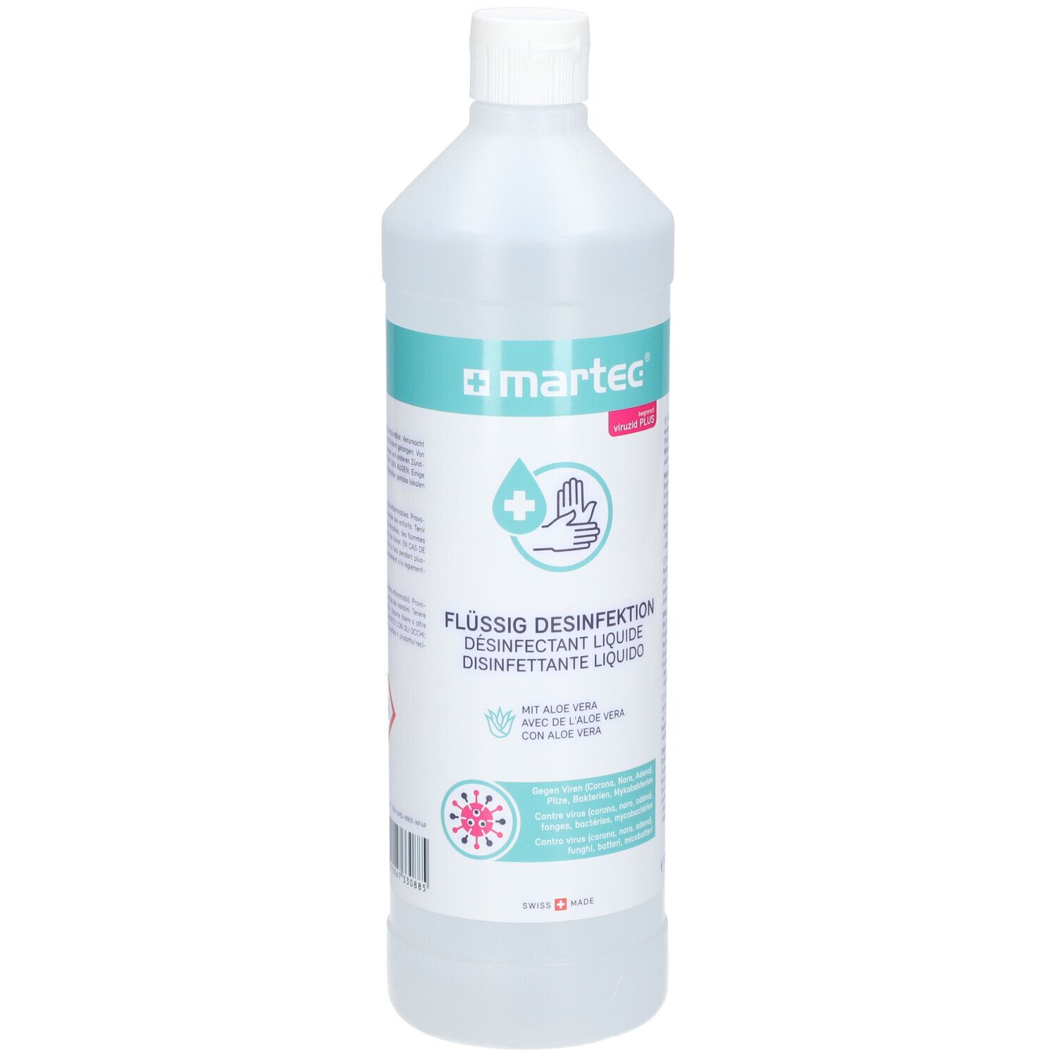Transparente Flasche mit weißem Deckel. Aufschrift: martec, Flüssig Desinfektion, mit Aloe Vera. Schweizer Flagge.