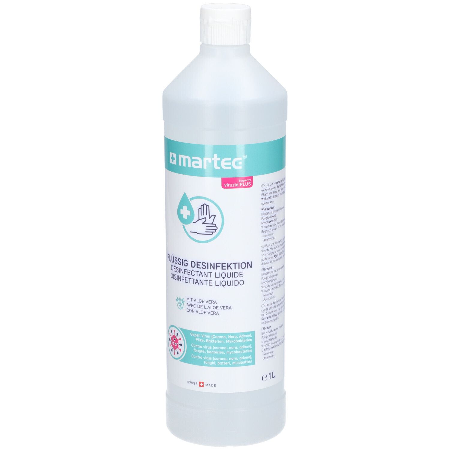Transparente Flasche mit weißem Deckel. Aufschrift: martec, Flüssig Desinfektion, mit Aloe Vera. 1L. Schweizer Flagge.