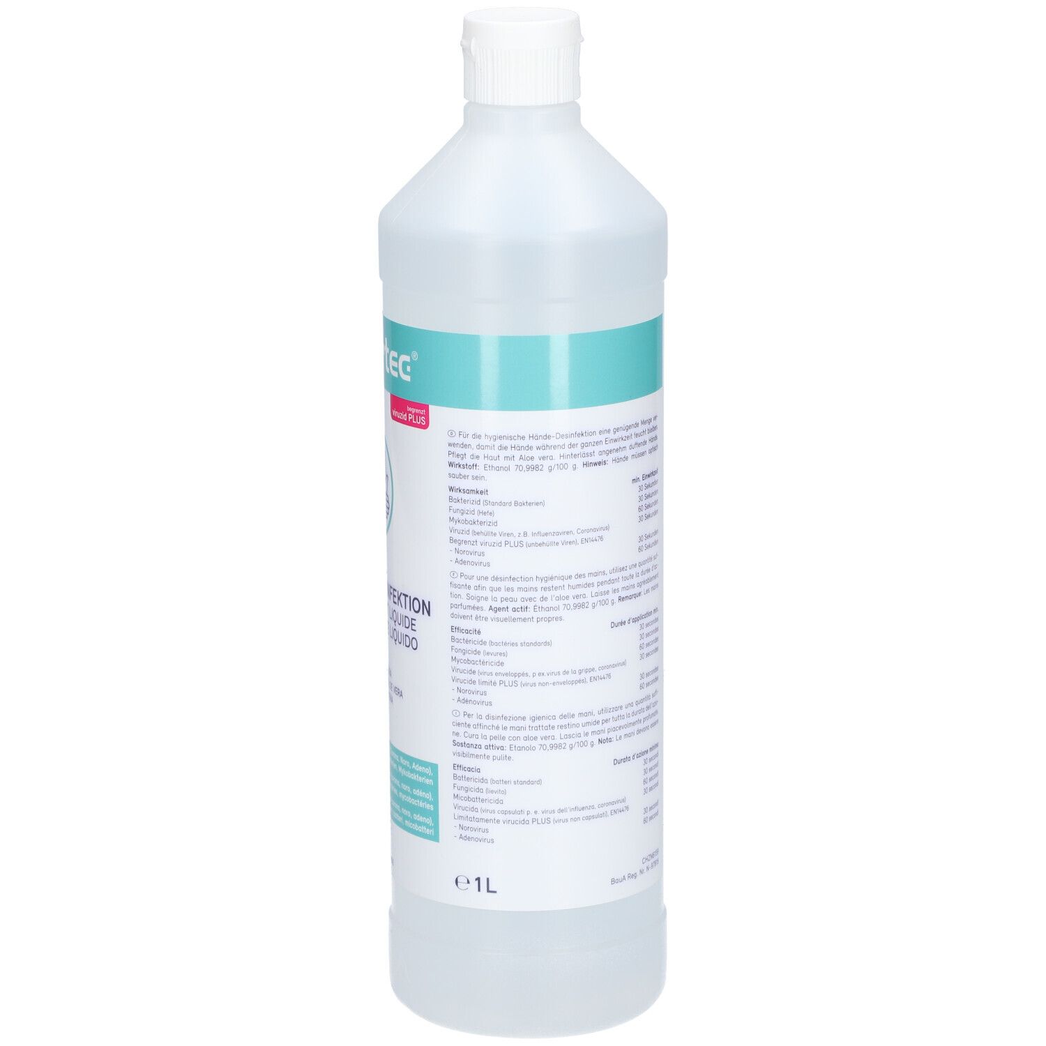 Rückseite einer transparenten Flasche. Text, Warnhinweise, Gefahrensymbole. 1L. Schweizer Flagge.
