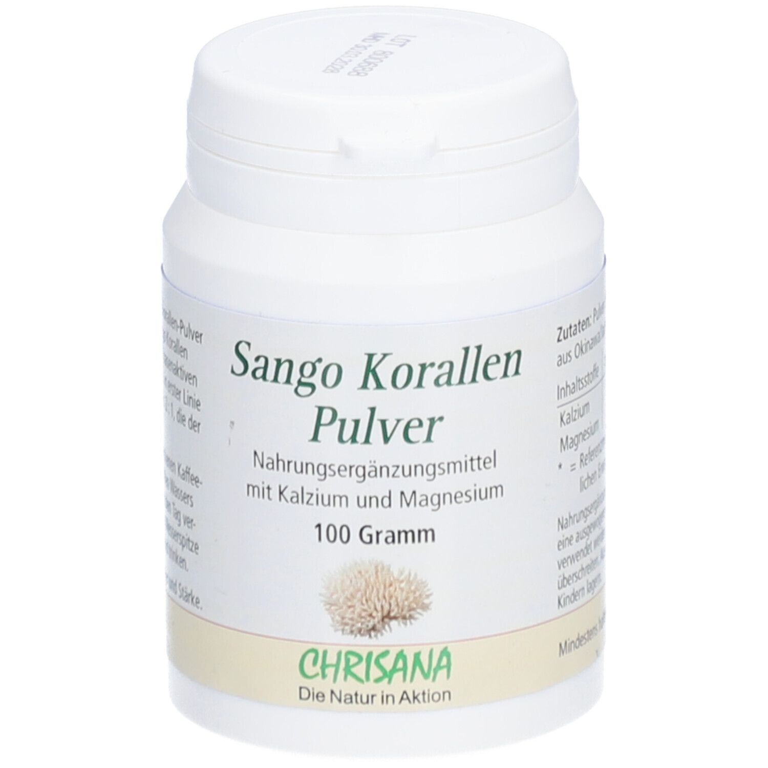 Boîte blanche avec l'inscription 'Sango Korallen Pulver'. Complément alimentaire avec calcium et magnésium. Marque Chrisana.