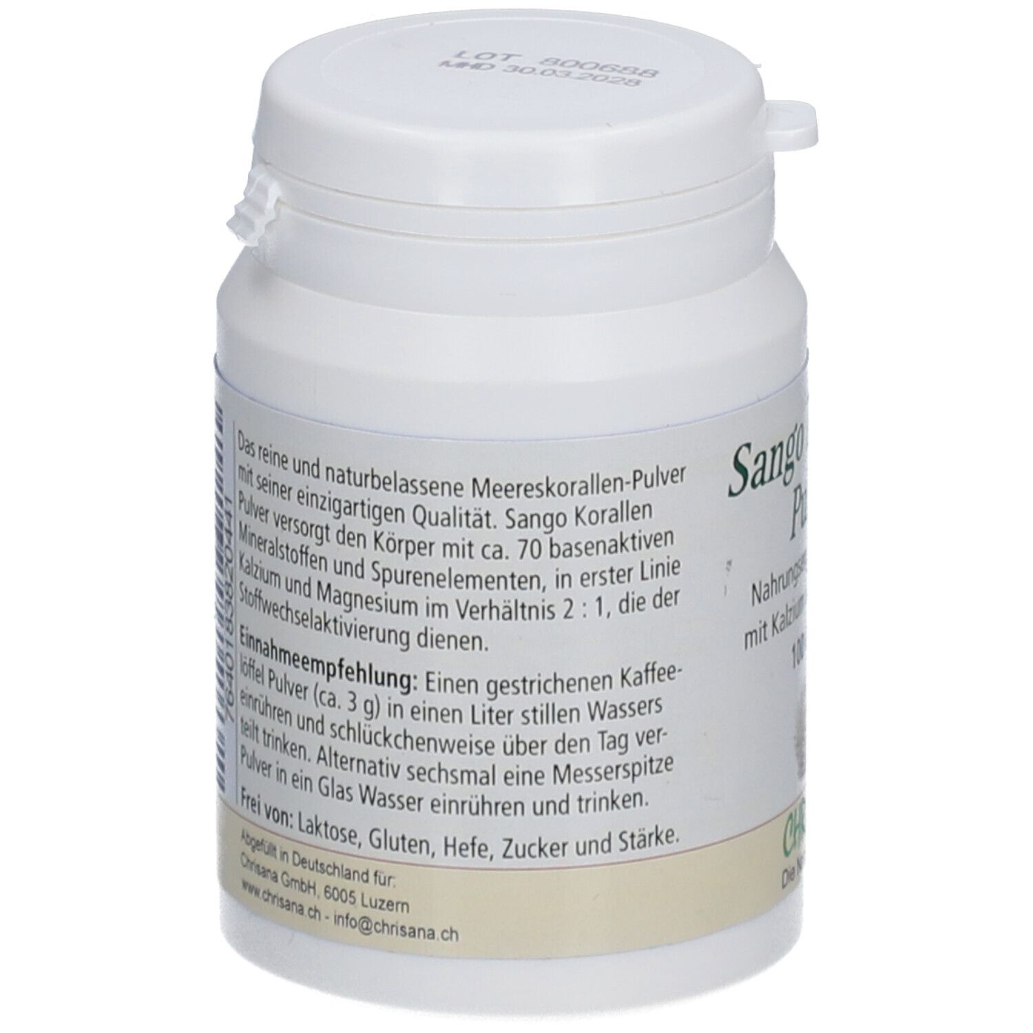Boîte blanche avec étiquette. Texte : 'Sango Korallen Pulver'. Contient des minéraux. Recommandation : 3g dans l'eau. Sans lactose, gluten, levure, sucre.