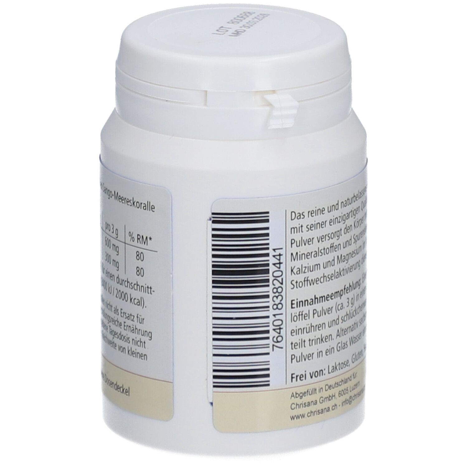 Boîte blanche avec code-barres et étiquette. Texte : 'Sango Korallen'. Contient des minéraux. Recommandation : 3g dans l'eau. Sans lactose, gluten, levure, sucre.