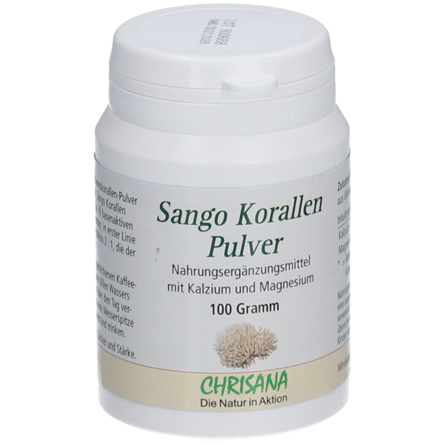 Boîte blanche avec l'inscription 'Sango Korallen Pulver'. Complément alimentaire avec calcium et magnésium. Marque Chrisana.