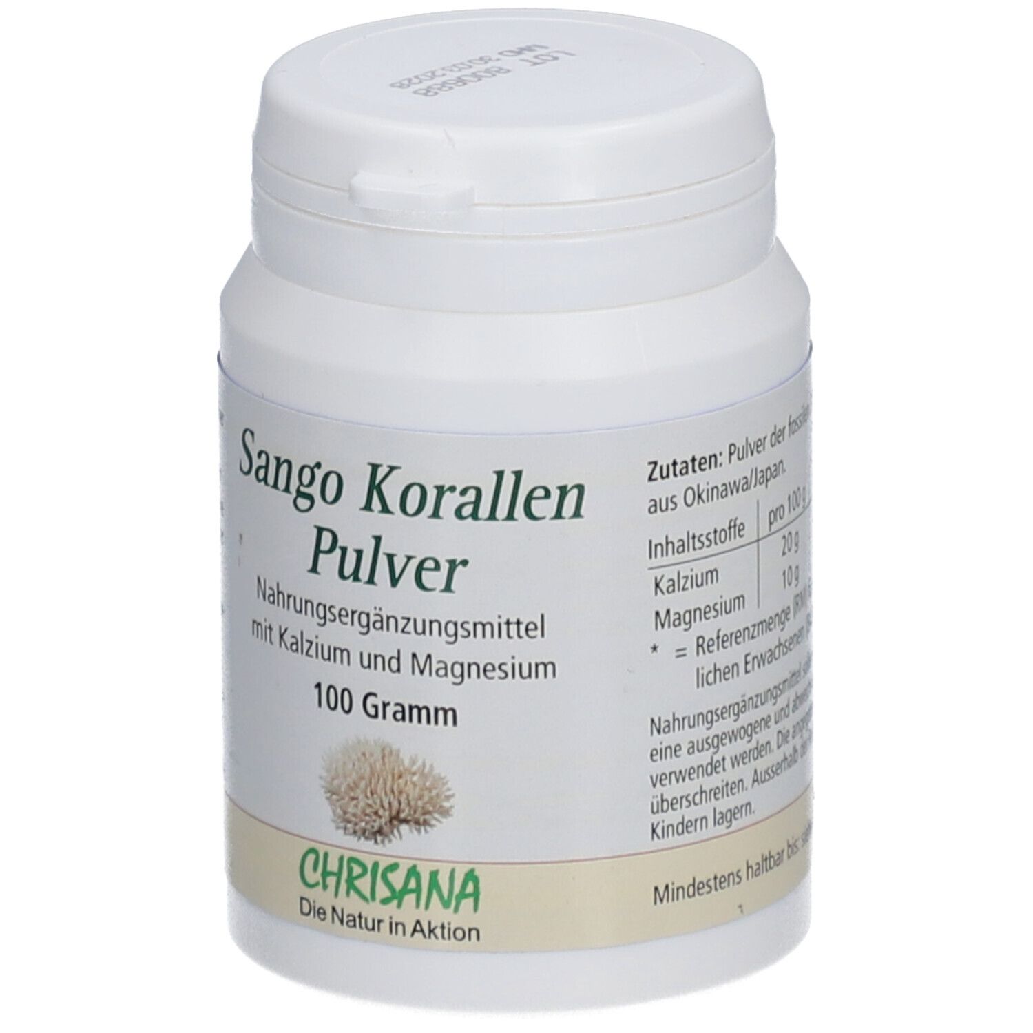 Boîte blanche avec l'inscription 'Sango Korallen Pulver'. Complément alimentaire avec calcium et magnésium. 100 grammes. Marque Chrisana.