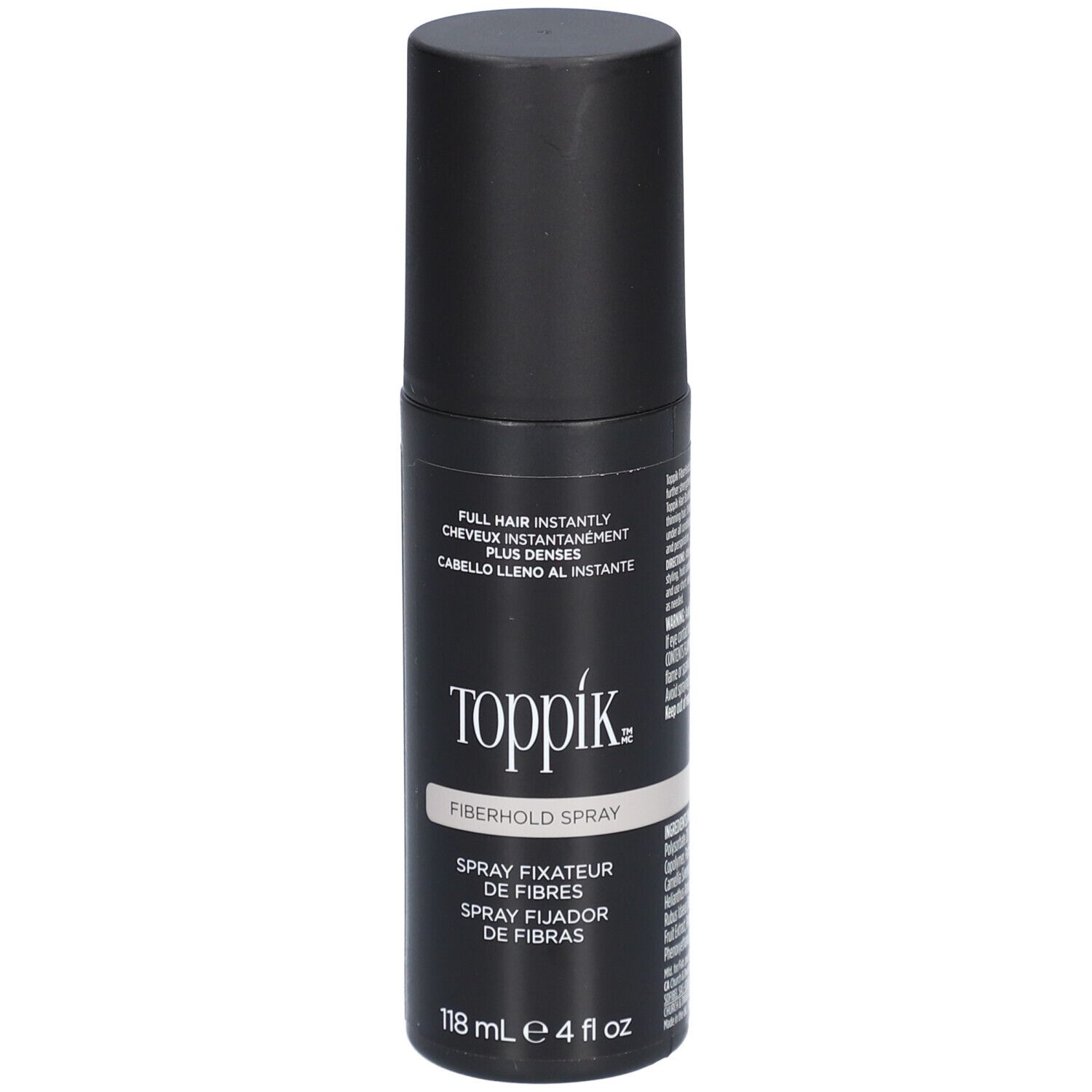 Schwarze Sprühflasche mit dem Markennamen "Toppik" und der Aufschrift "Fiberhold Spray". Enthält 118 ml.