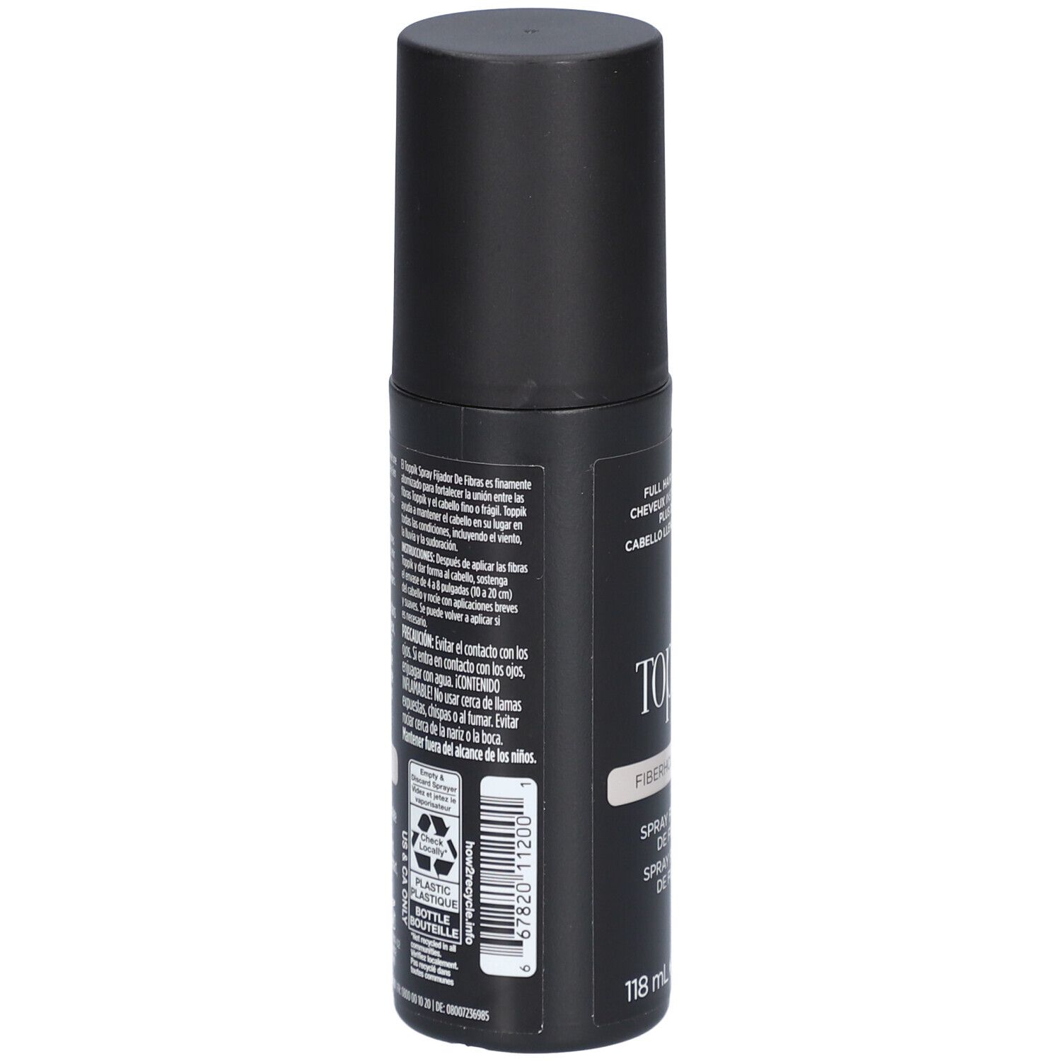 Rückseite einer schwarzen Sprühflasche. Text in mehreren Sprachen, u.a. über Inhaltsstoffe und Warnhinweise.