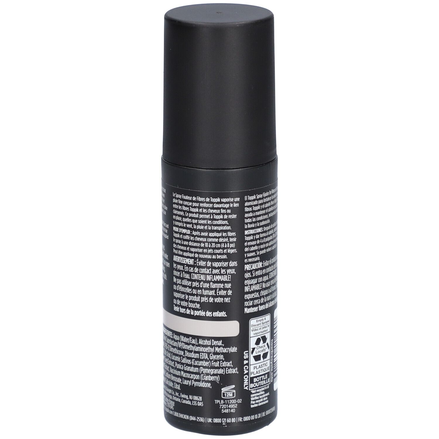 Rückseite einer schwarzen Sprühflasche. Text in mehreren Sprachen, u.a. über Inhaltsstoffe und Warnhinweise.