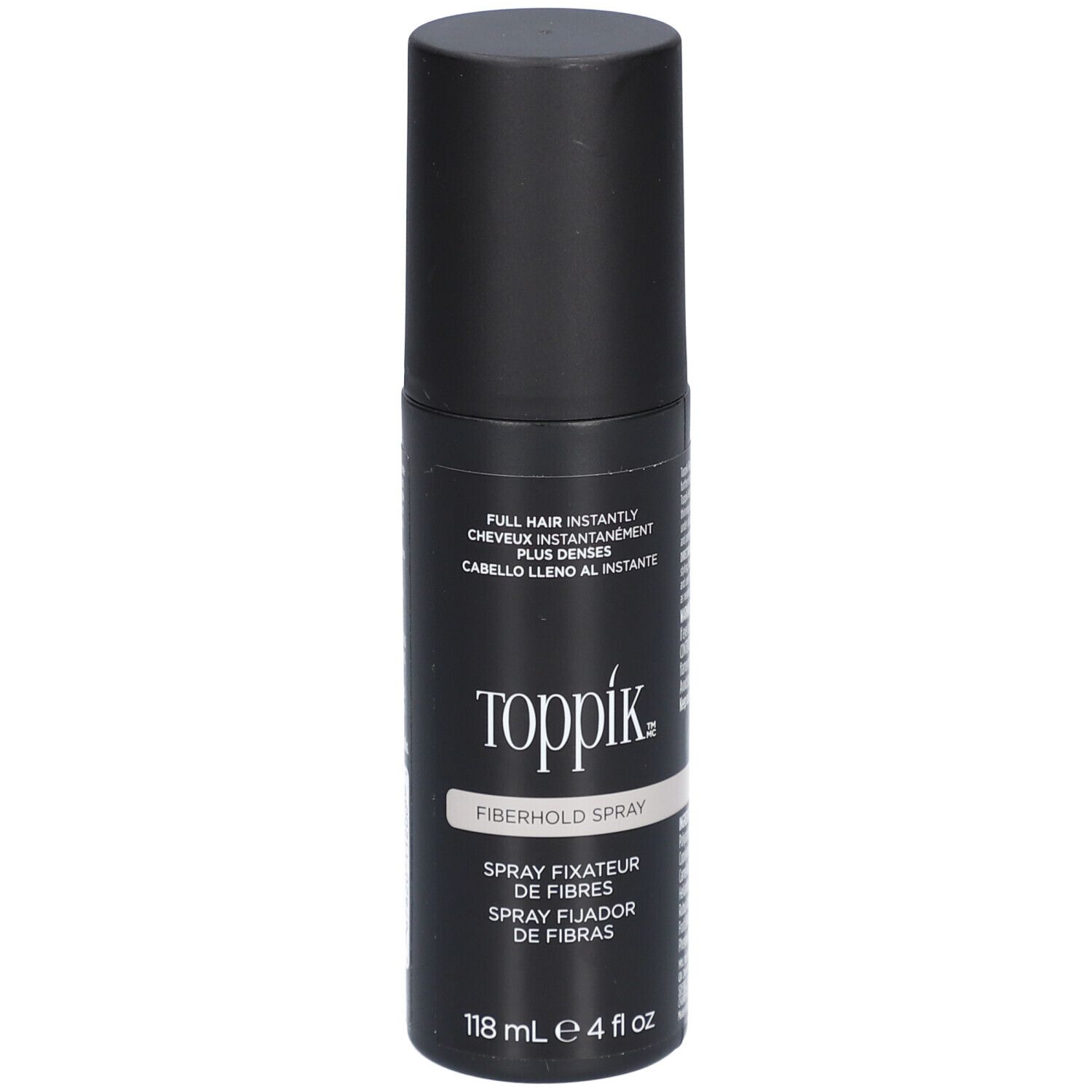 Schwarze Sprühflasche mit dem Markennamen "Toppik" und der Aufschrift "Fiberhold Spray". Enthält 118 ml.