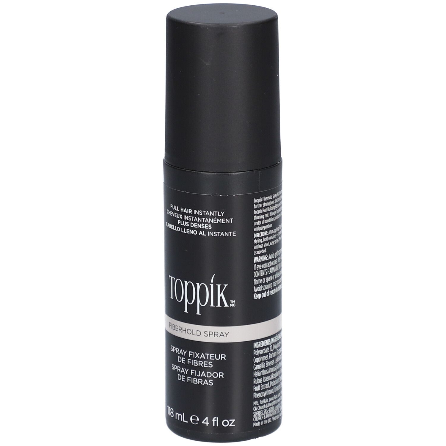 Schwarze Sprühflasche mit dem Markennamen "Toppik" und der Aufschrift "Fiberhold Spray". Enthält 118 ml.