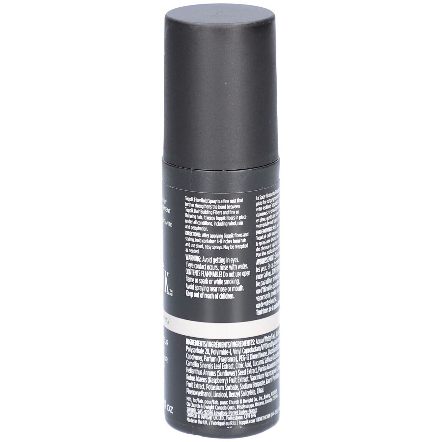 Rückseite einer schwarzen Sprühflasche. Text in mehreren Sprachen, u.a. über Inhaltsstoffe und Warnhinweise.
