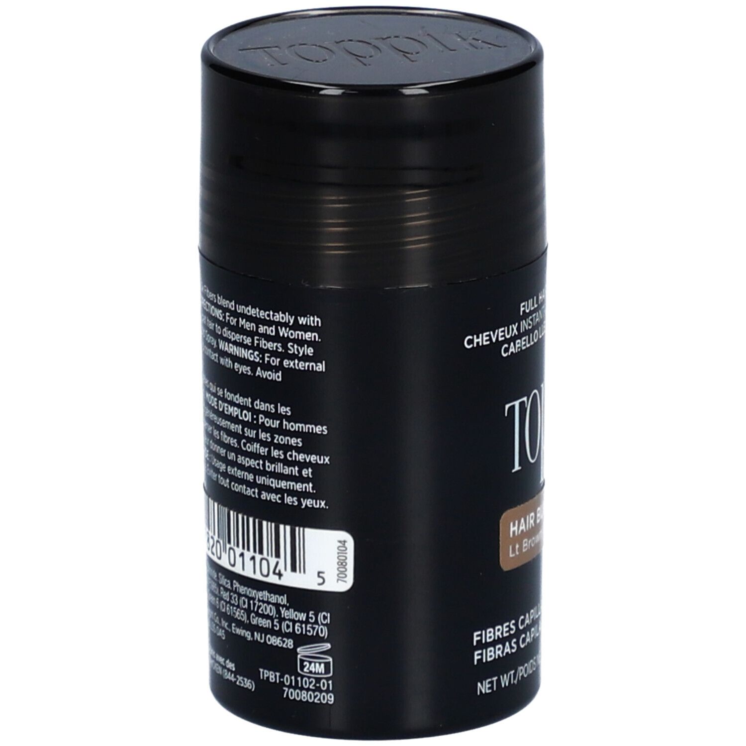 Flacon cylindrique de fibres capillaires Toppik. Couvercle noir. Étiquette avec informations et code-barres.