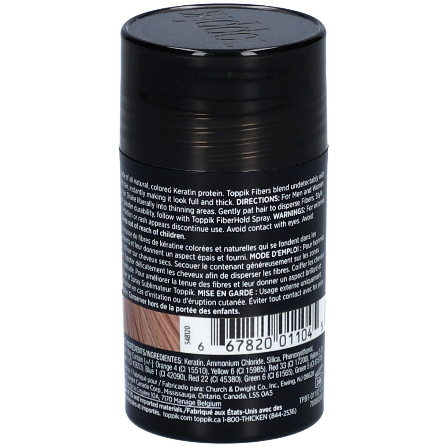 Flacon cylindrique de fibres capillaires Toppik. Couvercle noir. Étiquette avec ingrédients et code-barres.