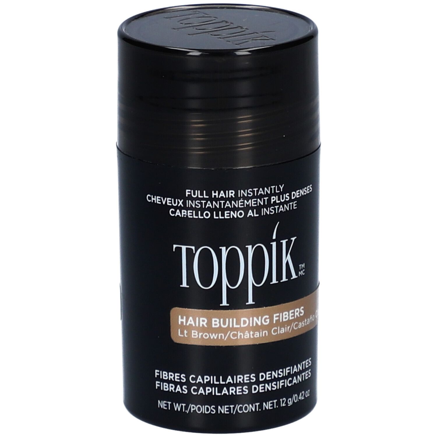 Flacon cylindrique de fibres capillaires Toppik, brun clair. Couvercle noir et étiquette avec informations produit.