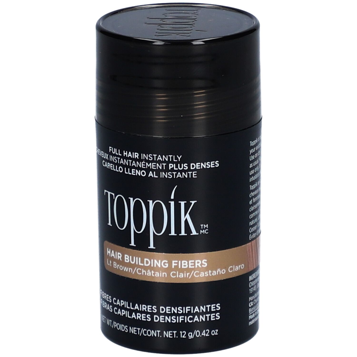 Flacon cylindrique de fibres capillaires Toppik, brun clair. Couvercle noir et étiquette avec informations produit.