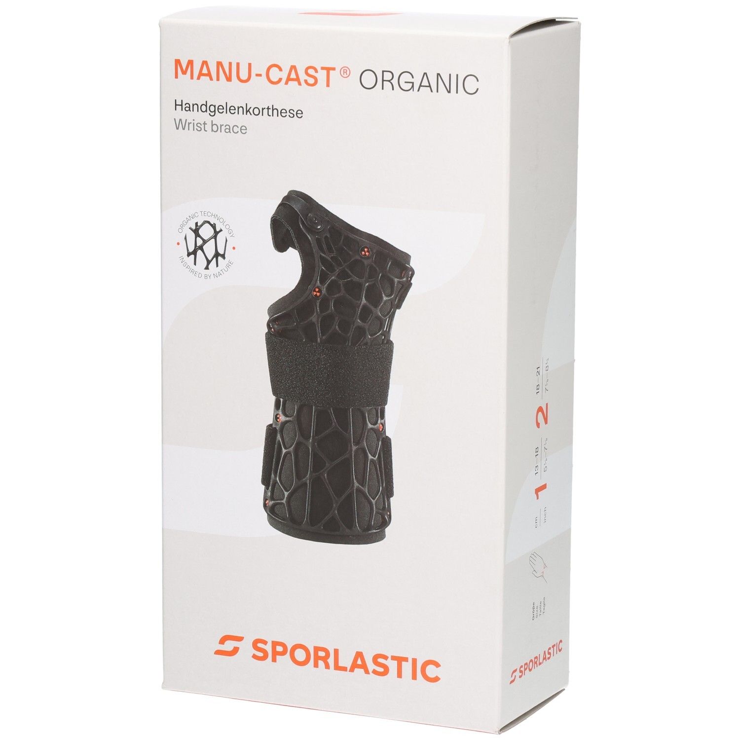 Verpackung der Sporlastic Manu-Cast Organic Handgelenkorthese mit Produktabbildung und Herstellerlogo.