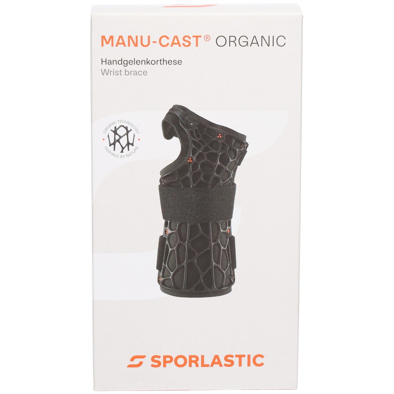 Verpackung der Sporlastic Manu-Cast Organic Handgelenkorthese mit Produktabbildung und Herstellerlogo.