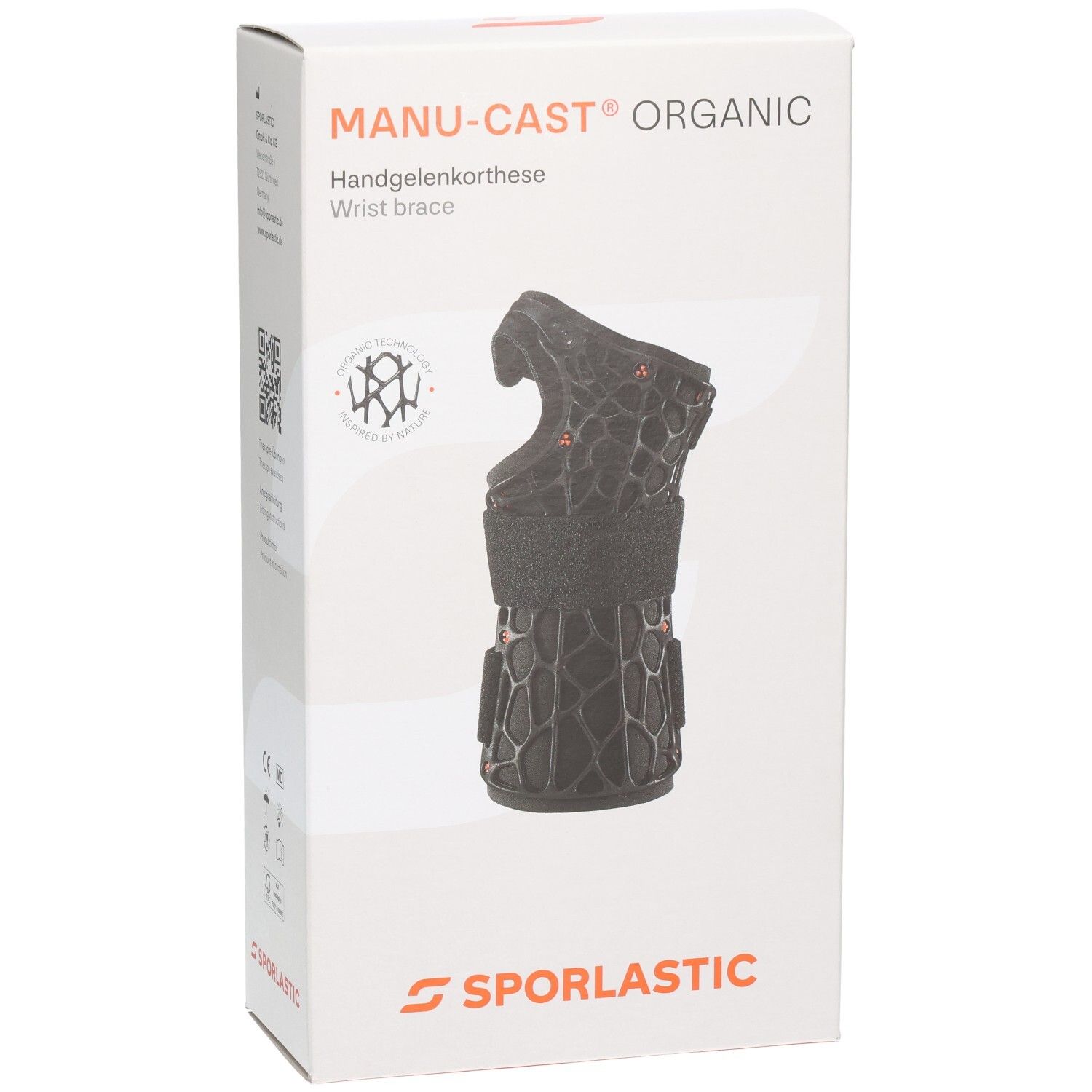 Verpackung der Sporlastic Manu-Cast Organic Handgelenkorthese mit Produktabbildung und Herstellerlogo.