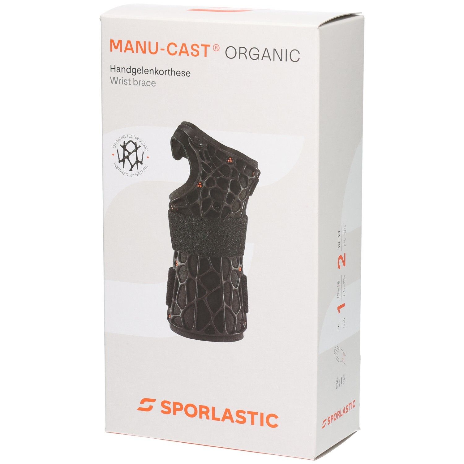 Verpackung der Sporlastic Manu-Cast Organic Handgelenkorthese mit Produktabbildung und Größenangabe.
