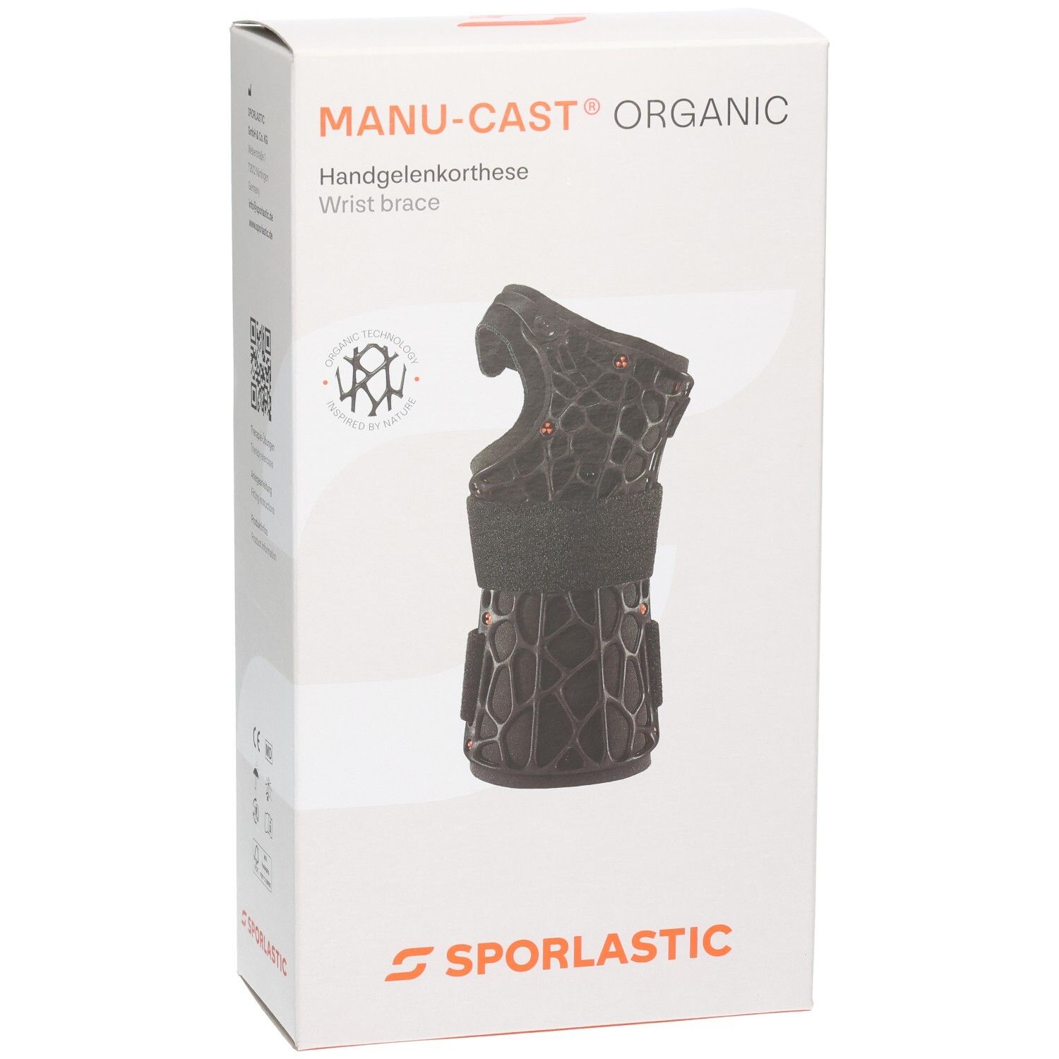 Verpackung der Sporlastic Manu-Cast Organic Handgelenkorthese, Vorderseite mit Produktabbildung.