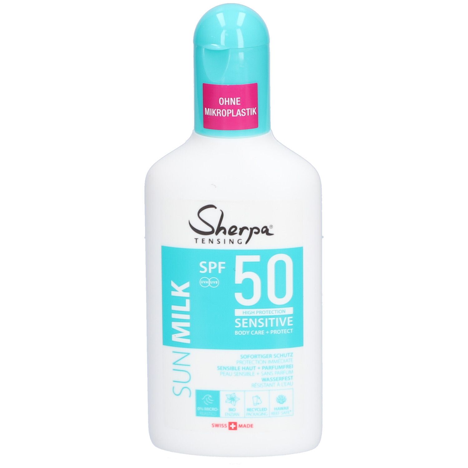 Weiße Flasche mit türkisfarbenem Deckel. Aufschrift: Sherpa Tensing, SPF 50, SUN MILK. Ohne Mikroplastik.
