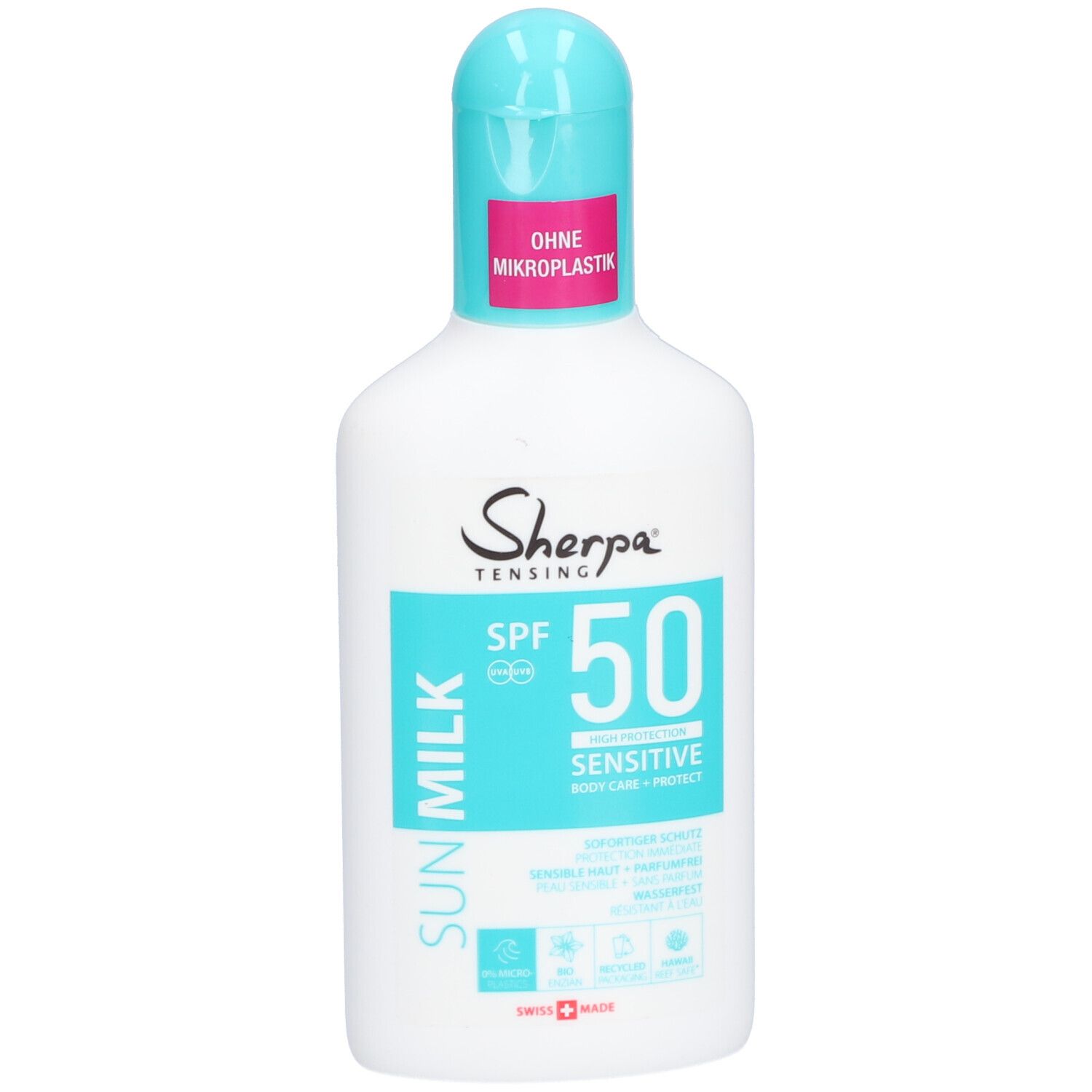 Weiße Flasche mit türkisfarbenem Deckel. Aufschrift: Sherpa Tensing, SPF 50, SUN MILK. Ohne Mikroplastik.