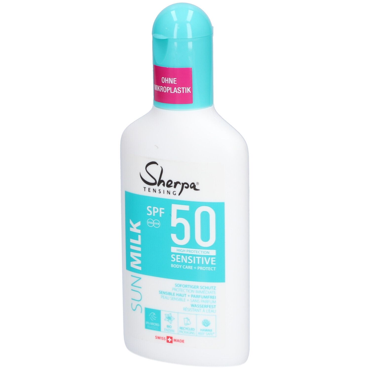 Weiße Flasche mit türkisfarbenem Deckel. Aufschrift: Sherpa Tensing, SPF 50, SUN MILK. Sensitiv.