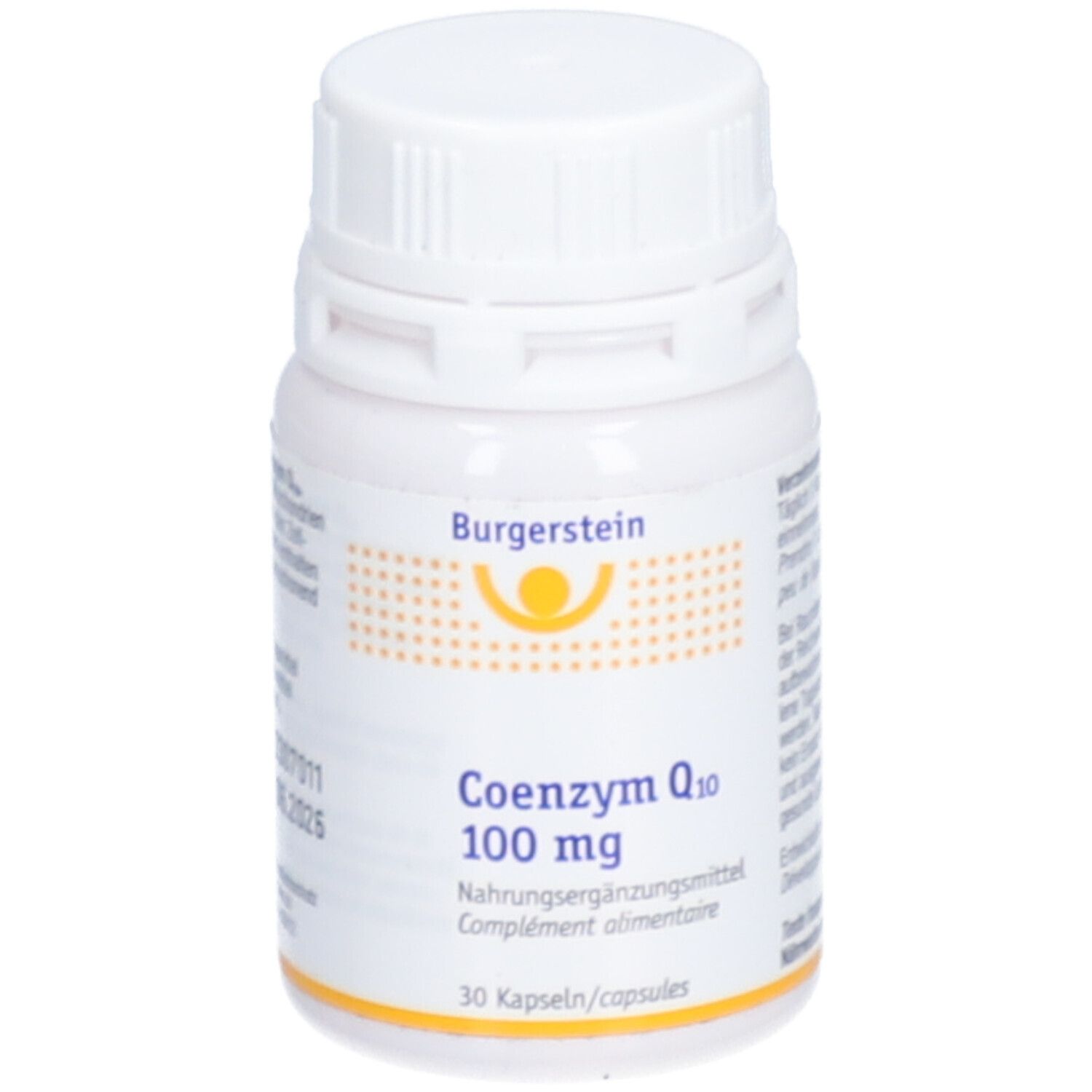 Weiße Flasche mit Burgerstein-Logo und Aufschrift Coenzym Q10 100 mg. 30 Kapseln. Nahrungsergänzungsmittel.