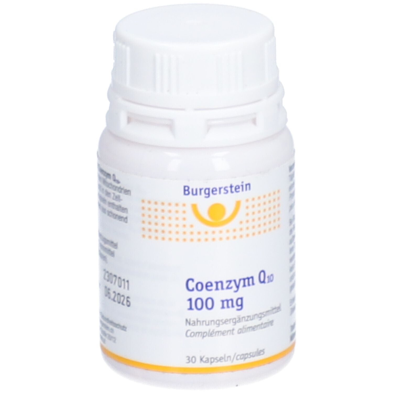 Weiße Flasche mit Burgerstein-Logo und Aufschrift Coenzym Q10 100 mg. 30 Kapseln. Mindesthaltbarkeit 06.2025.