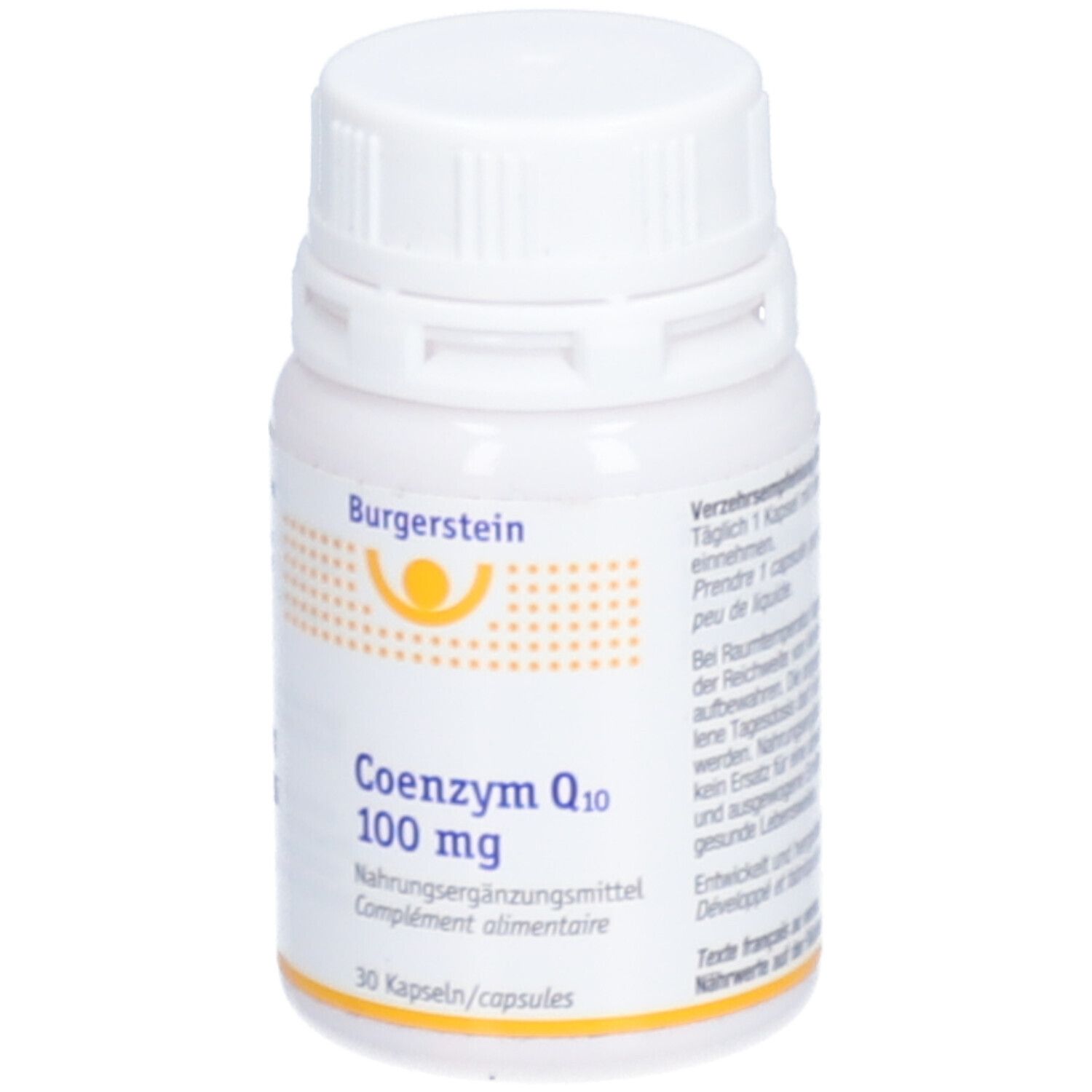 Weiße Flasche mit Burgerstein-Logo und Aufschrift Coenzym Q10 100 mg. 30 Kapseln. Text zur Einnahme.