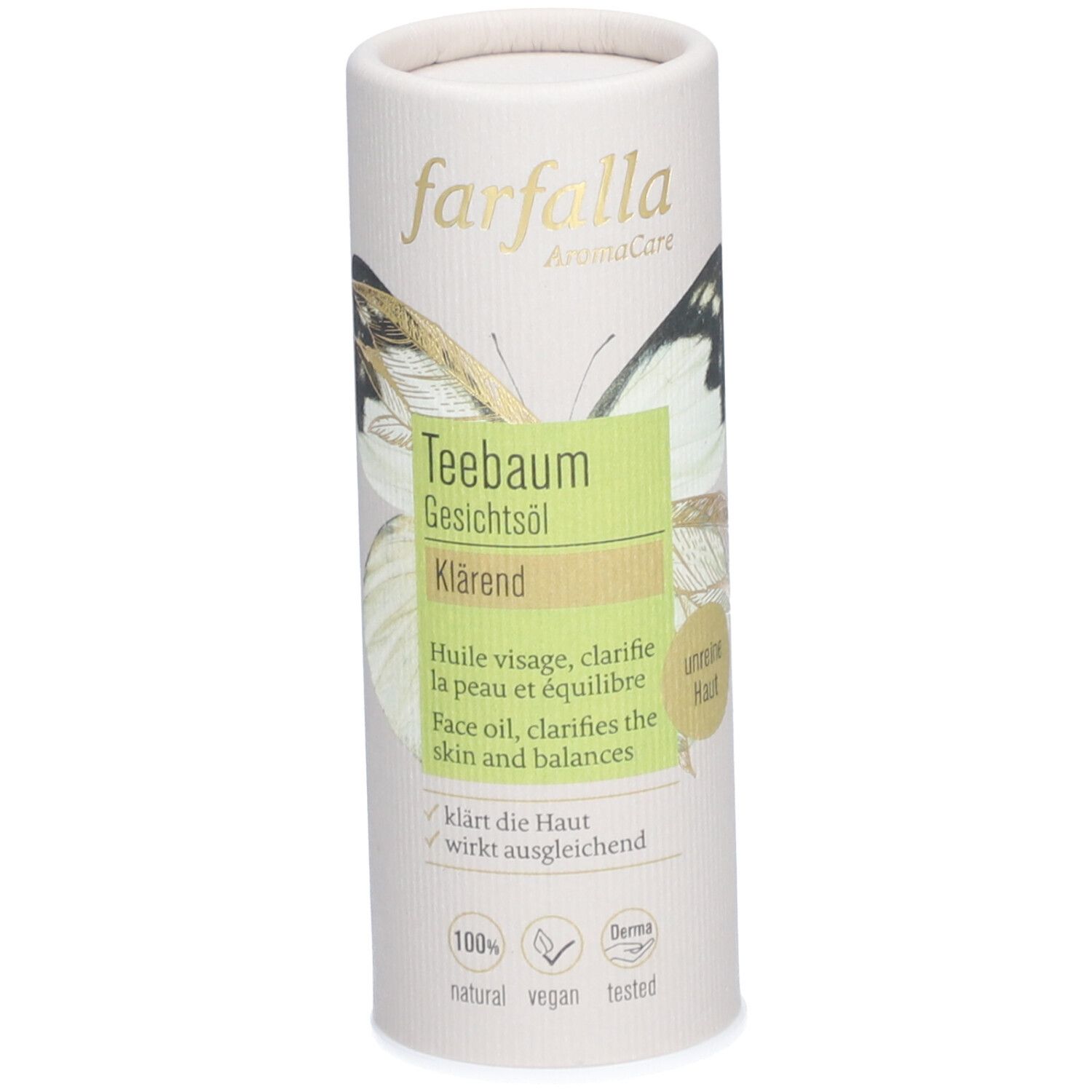 Zylindrische Verpackung mit Produktnamen und Logo. Teebaum Gesichtsöl, klärend. 100% natural, vegan, getestet.