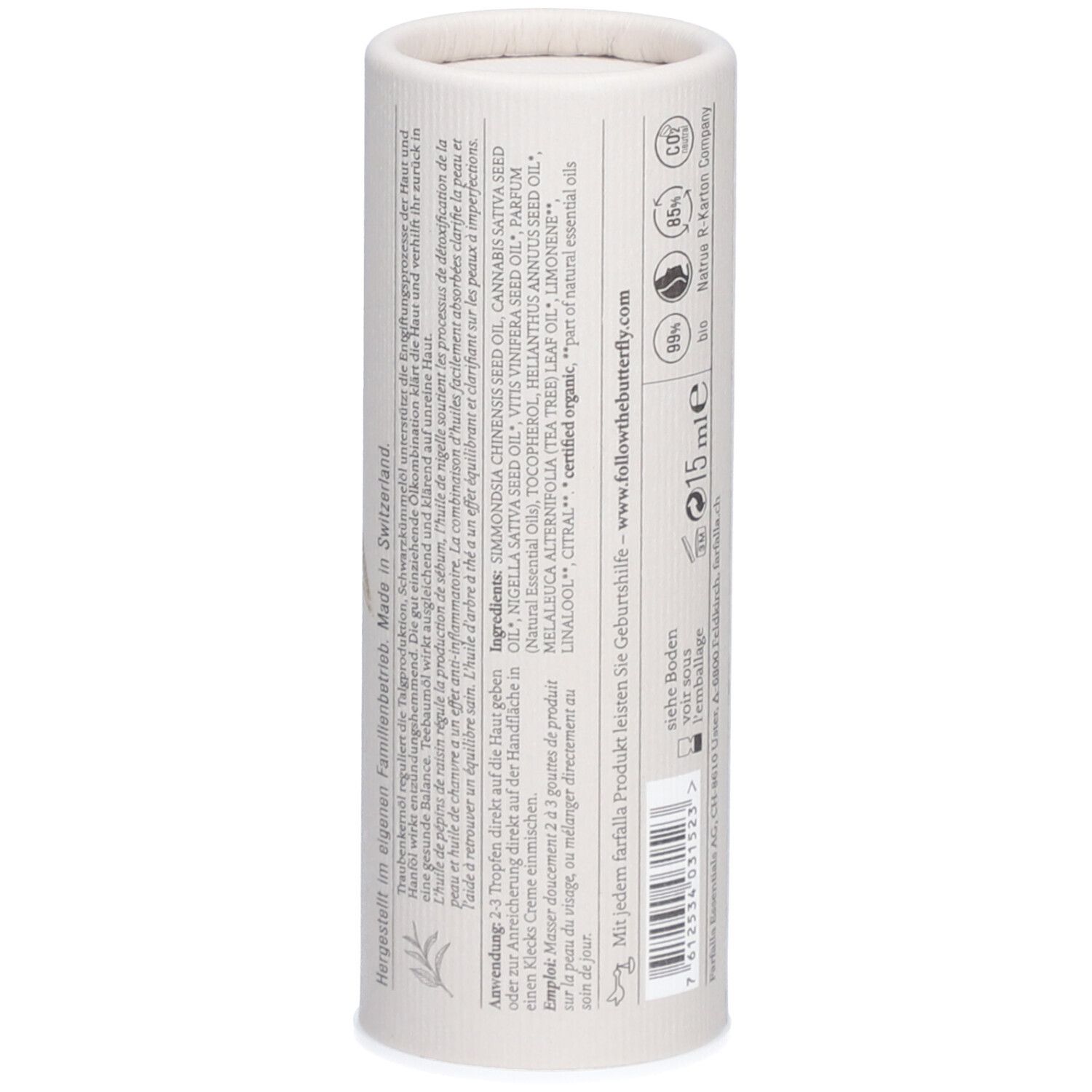 Zylindrische Verpackung, Rückseite. Inhaltsstoffe, Anwendungshinweise und Herstellerinformationen. 15ml.