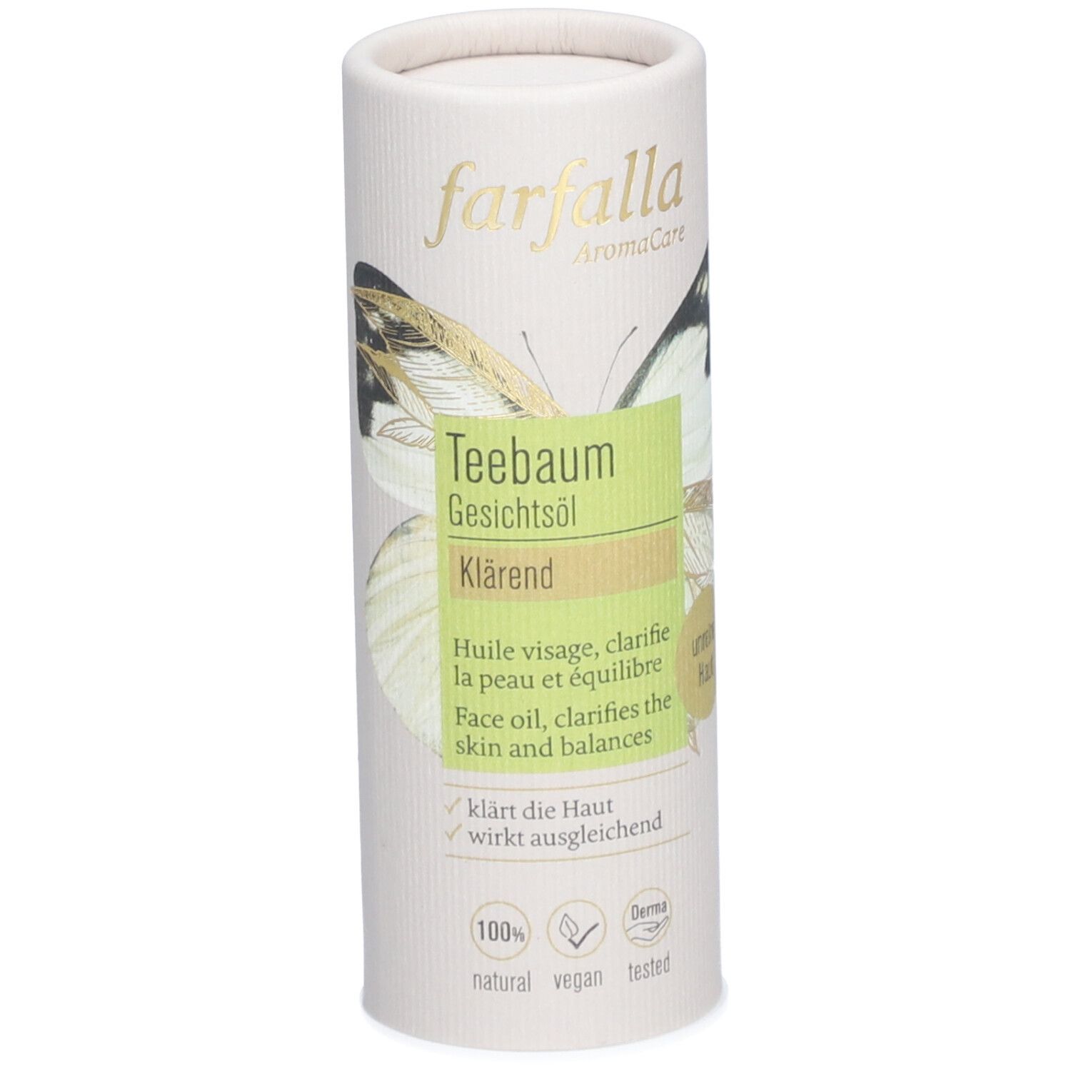 Zylindrische Verpackung mit Produktnamen und Logo. Teebaum Gesichtsöl, klärend. 100% natural, vegan, getestet.