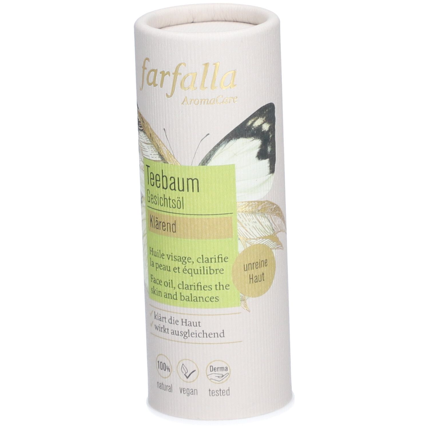 Zylindrische Verpackung mit Produktnamen und Logo. Teebaum Gesichtsöl, klärend. Für unreine Haut. 100% natural, vegan, getestet.