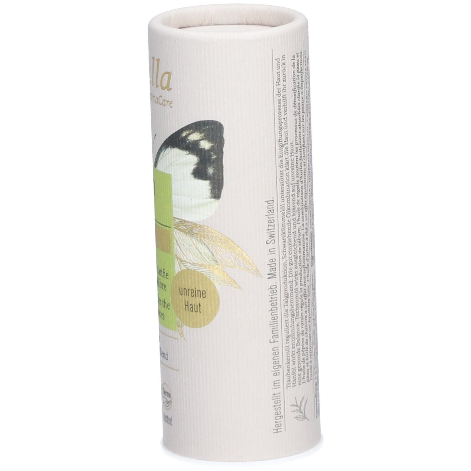 Zylindrische Verpackung, Seitenansicht. Produktname und Logo. Für unreine Haut. Herstellerinformationen.