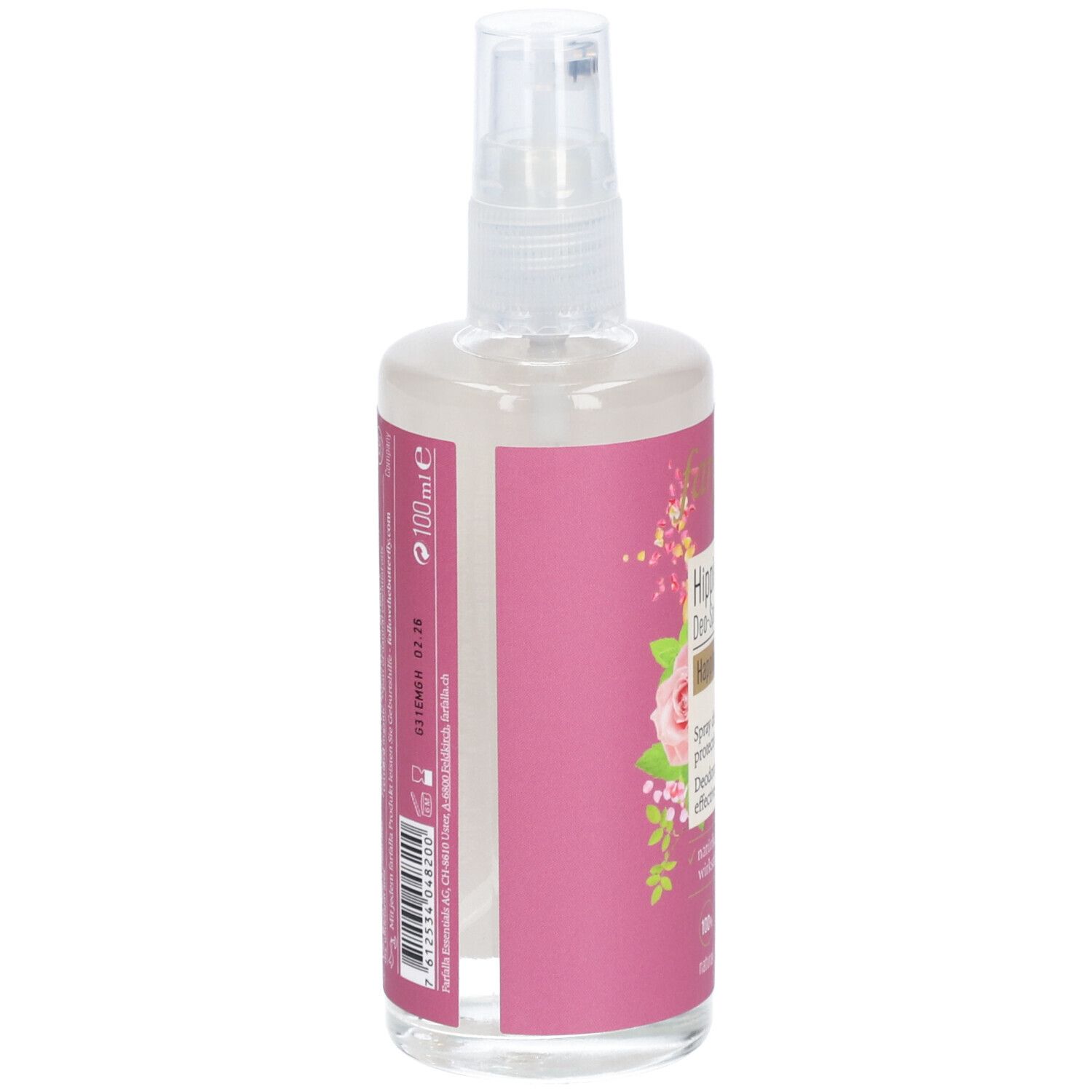 Deospray-Flasche, Seitenansicht. Rosa Etikett mit Text und floralem Muster. Transparente Flasche mit Sprühkopf. 100ml.