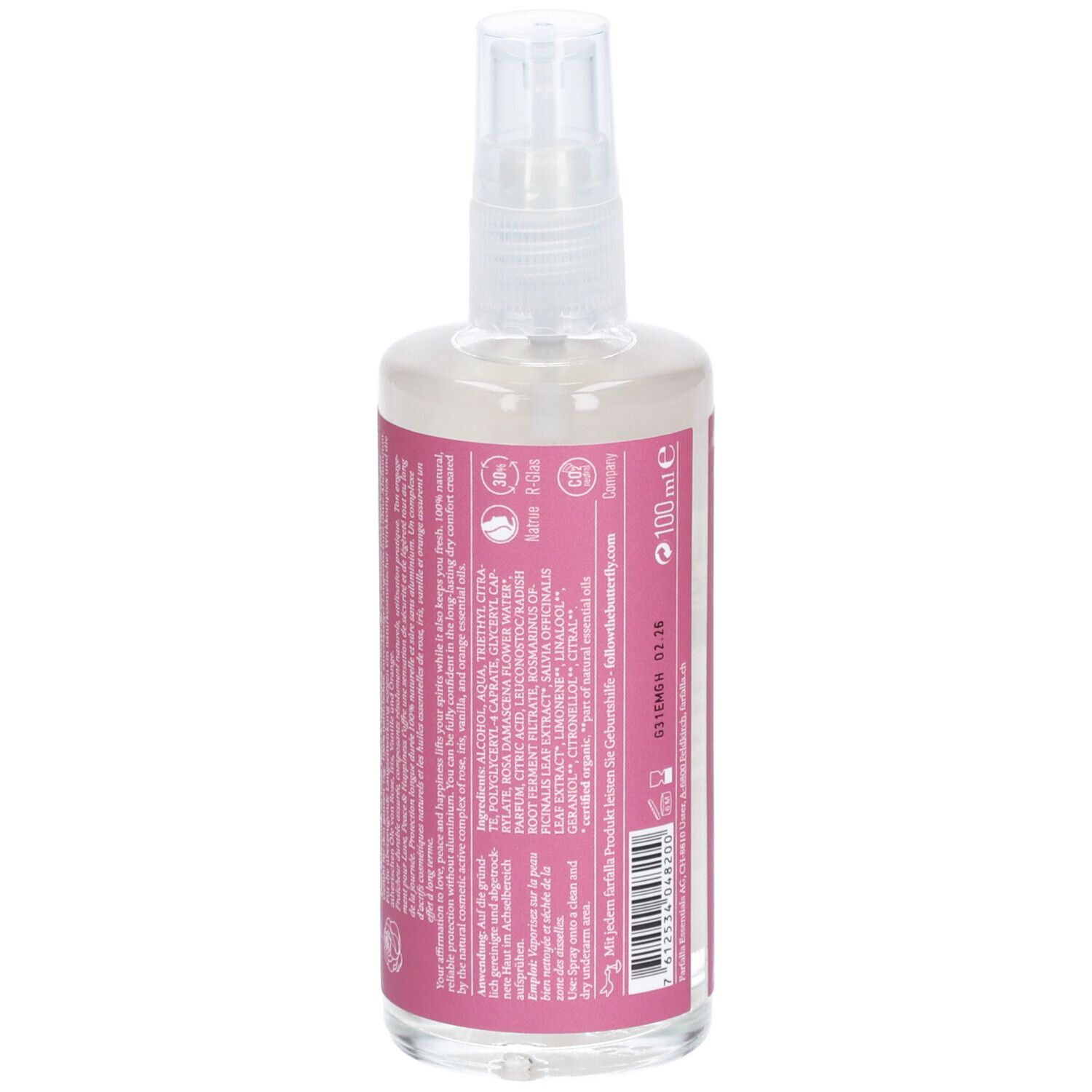 Deospray-Flasche, Rückansicht. Rosa Etikett mit Text. Transparente Flasche mit Sprühkopf. Text in mehreren Sprachen. 100ml.