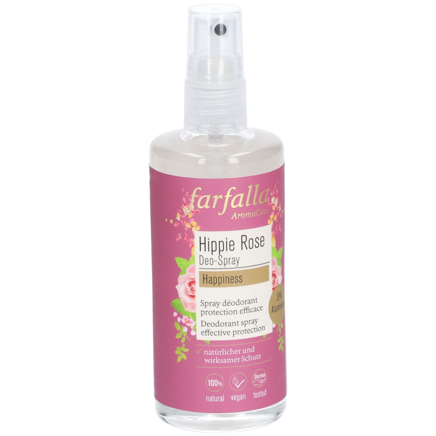 Deospray mit rosa Etikett. Aufschrift: farfalla, Hippie Rose, Happiness. Mit Zerstäuber. 0% Aluminium. Natürlicher Schutz.